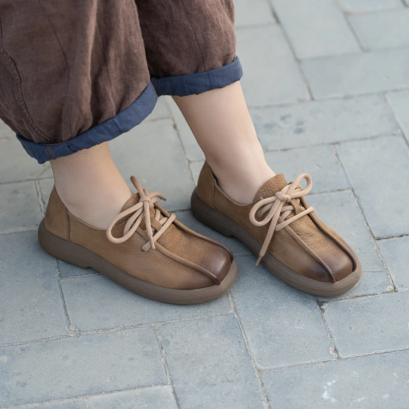 0203-1朴艺25年新品复古风百搭休闲真皮单鞋舒适平底系带圆头单鞋