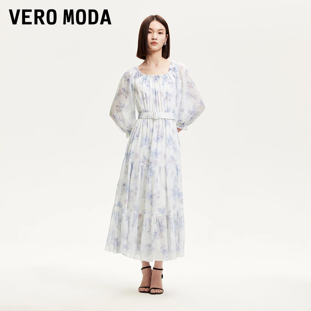 Vero Moda氧气裙2025夏日穿搭连衣裙腰带装饰印花七分袖32527C003