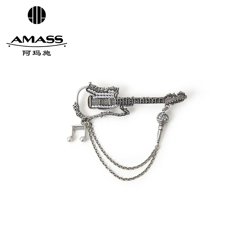 AMASS/阿玛施 不锈钢锆石胸针 个性吉他造型链条胸针590029