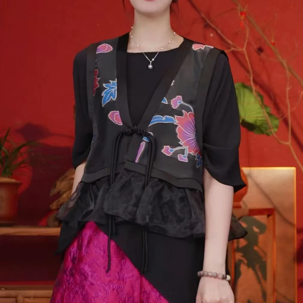 【焕夏墨晨】S2106粉黛紫刺绣拼接褶皱打杆木耳边马甲