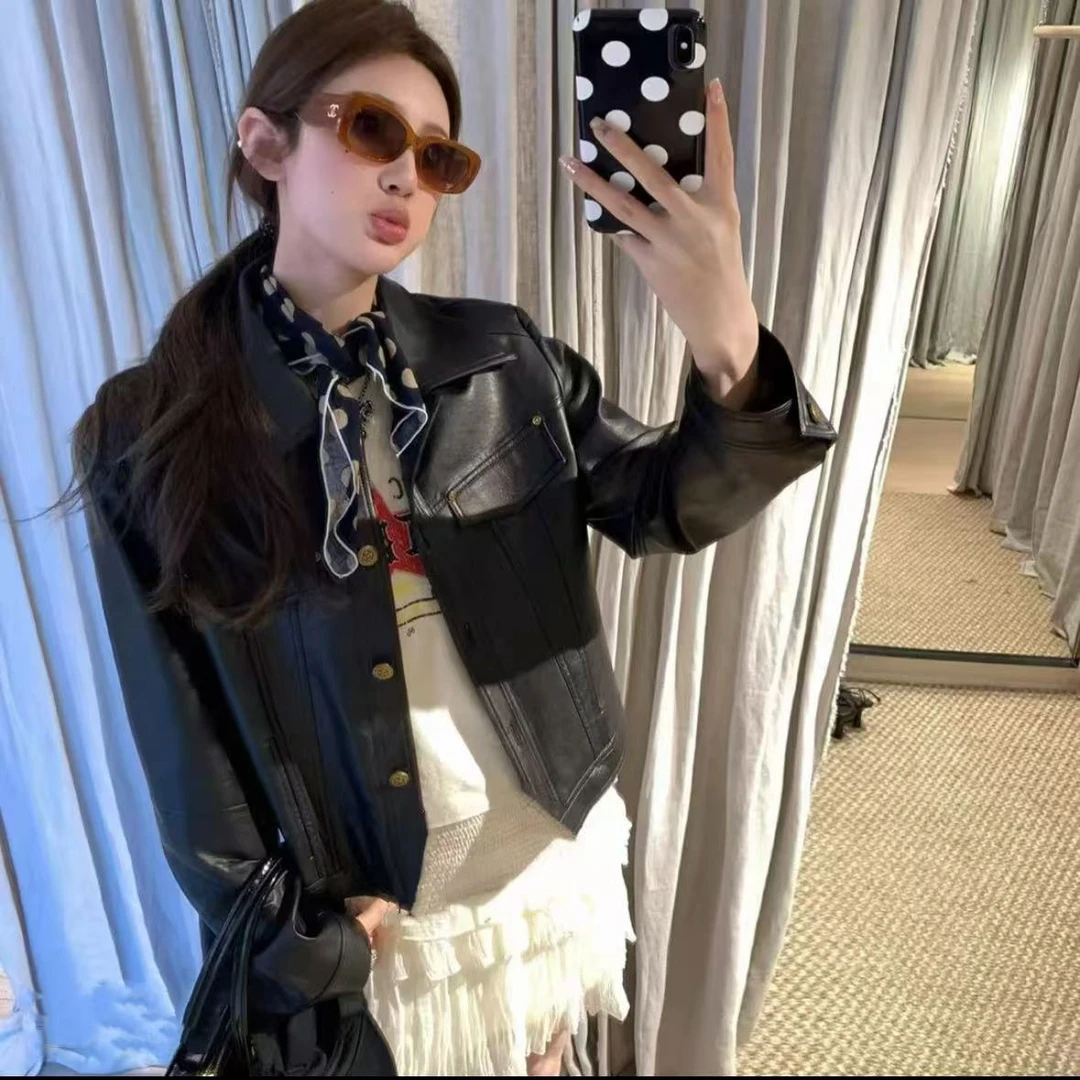 海宁复古上衣翻领港风机车秋冬新款皮衣女夹克外套A25-49