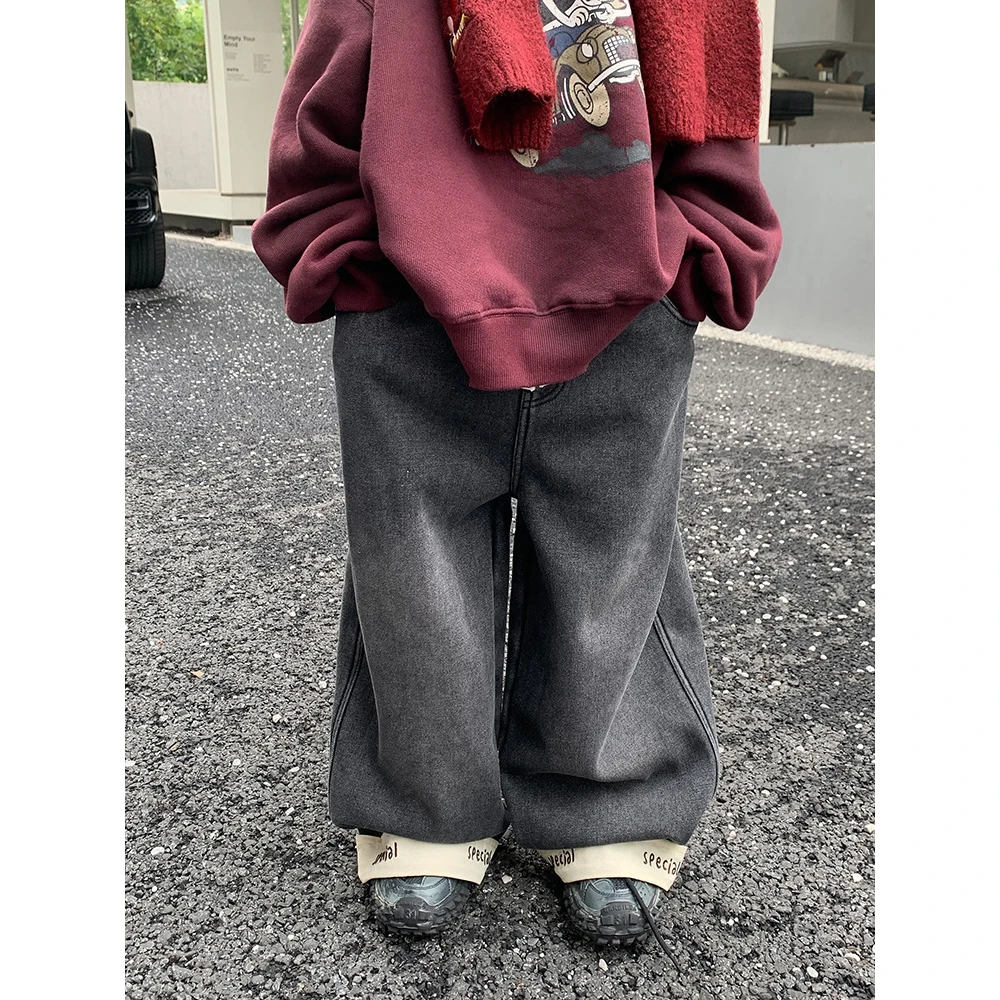 裤子冬季新款韩版脚口绣花长裤中小童加绒阔腿裤24110