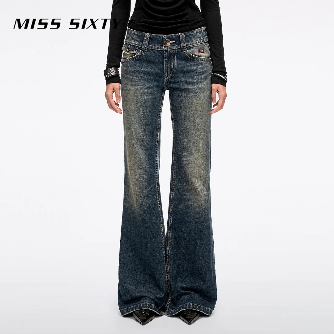Miss Sixty2026春季新款牛仔裤女中腰做旧磨白复古显瘦喇叭长裤