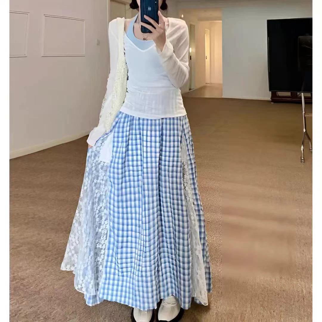 2025新款女装套装蓝色针织高腰时尚百搭夏季格子格纹