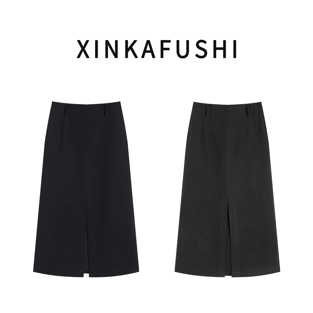 【柔简雅韵】冬季绵羊毛混纺高腰显瘦毛呢直筒前开叉半身裙YN3671