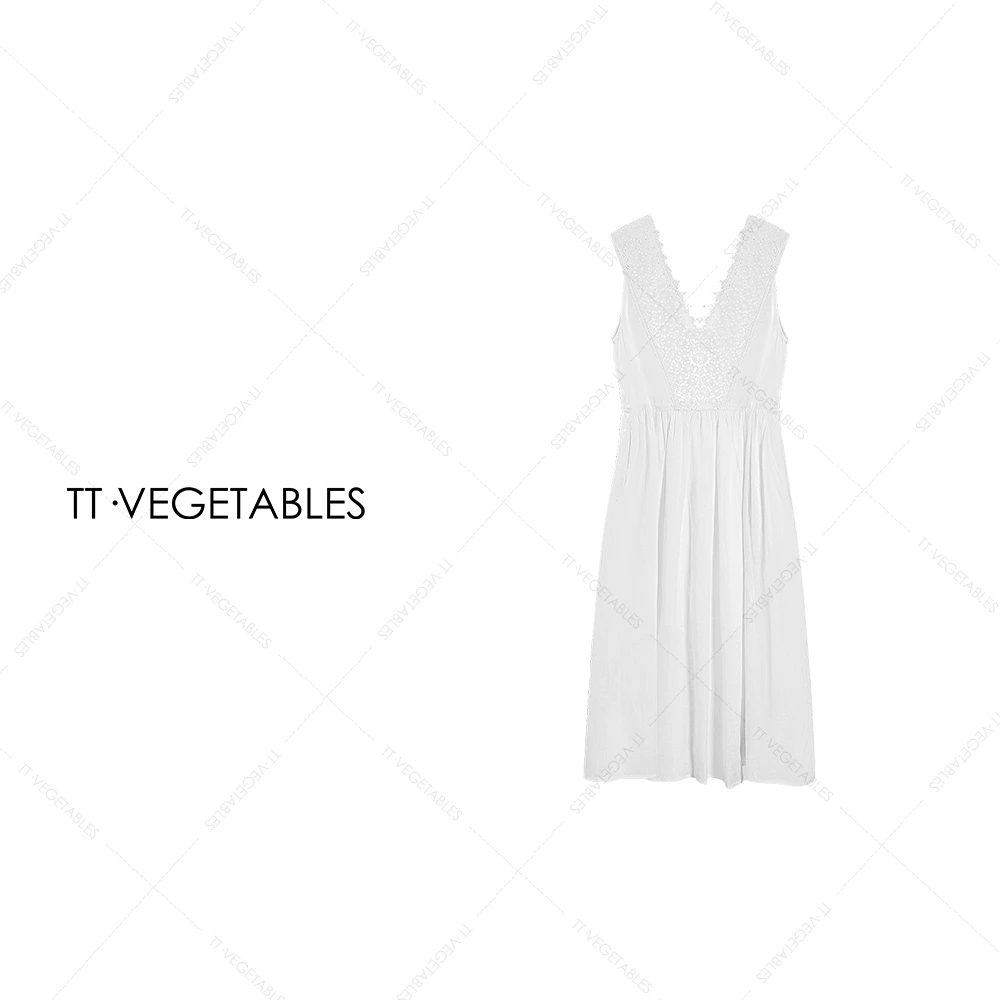 TT・VEGETABLES【序白】白蕾 亚麻纯色无袖蕾丝肩带女装连衣裙511987