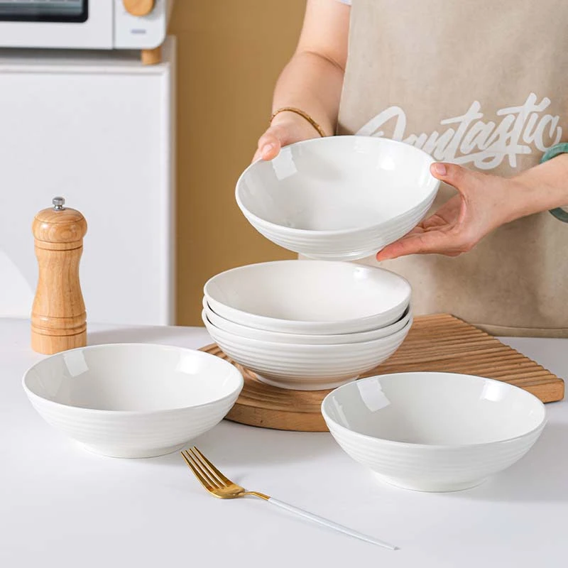 简约纯白7英寸螺纹吃面碗6个加大螺蛳粉碗家用陶瓷加厚沙拉碗陶瓷