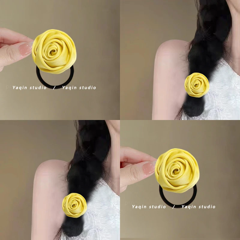 活力玫瑰！法式缎面玫瑰花发圈！马尾头绳复古高级感皮筋发绳发饰