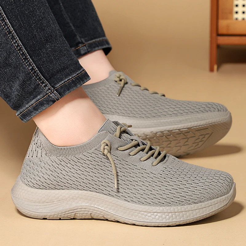 2025夏季飞织网面一脚蹬袜子口男休闲运动单鞋镂空低帮浅口健步鞋