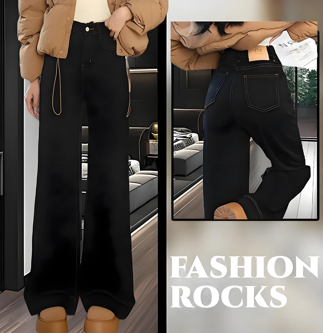 ab1015#黑色加绒加厚高腰窄版牛仔阔腿裤遮胯保暖