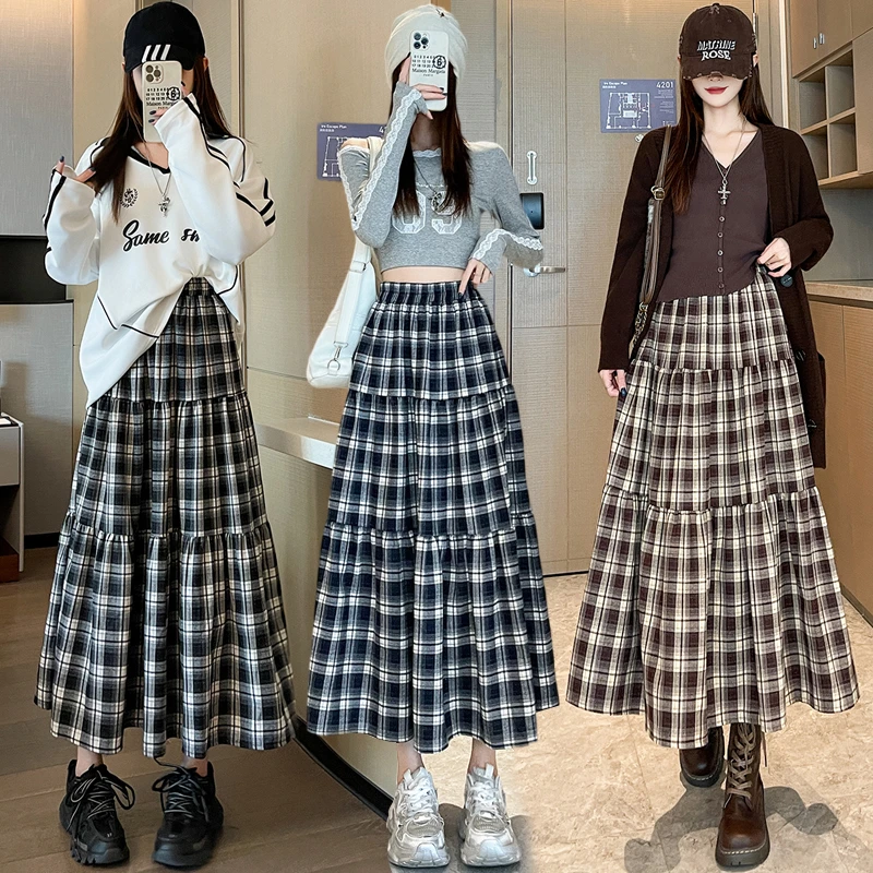 复古风格子半身裙秋季新款松紧腰显瘦a字裙蓬蓬蛋糕中长款大摆裙