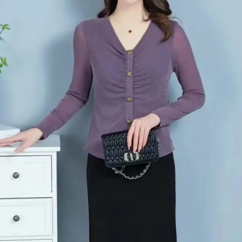 2024春秋新款设计感亮闪闪长袖v领打底衫洋气修身女上衣2996长52