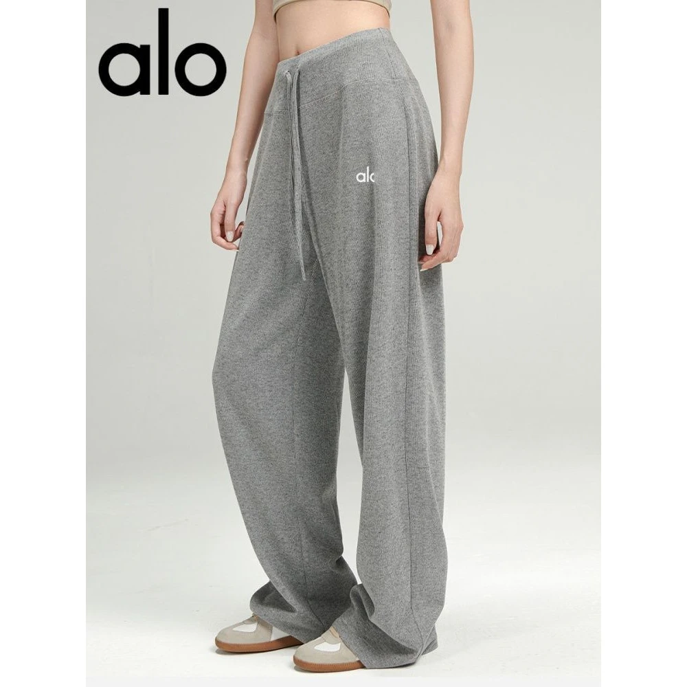 灰色感针织裤宽松直筒裤女高腰显瘦休闲裤透气棉质长裤青