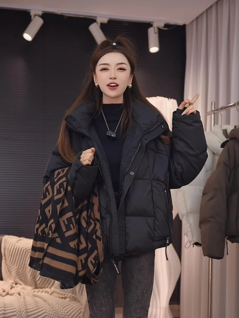 霓韩版拉链包包服百搭短款羽绒服女冬季休闲外套宽松连帽加厚A