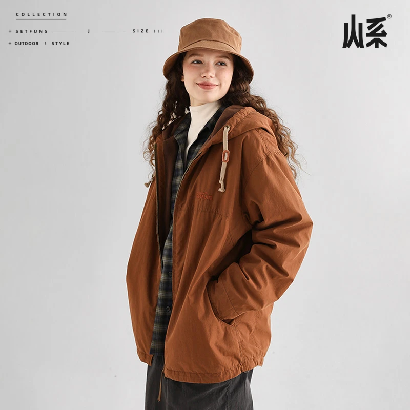 山系SetFuns秋冬保暖棉服女情侣日系复古户外连帽加绒夹克外套