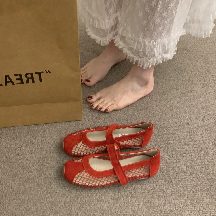 设计感平底鞋镂空红色玛丽珍女鞋透气凉鞋2025新款夏季百搭单鞋女