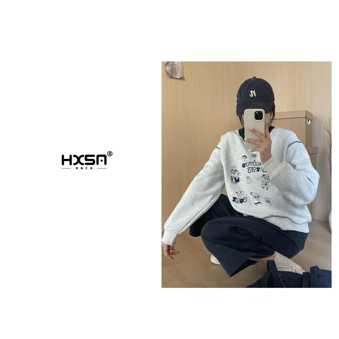 （现）HXSM「蜡笔小新」春季韩版休闲简约明线卫衣3003