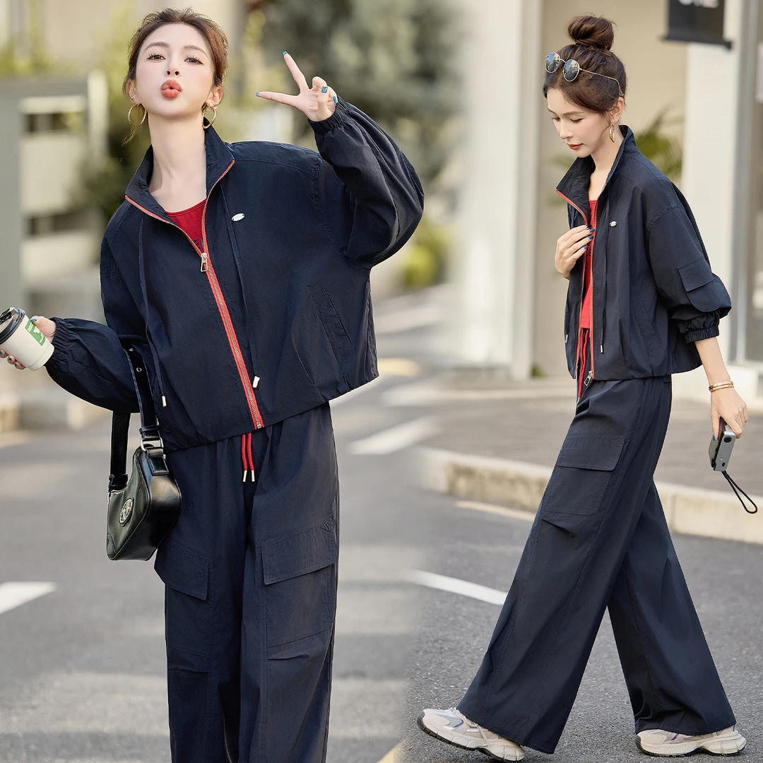 休闲撞色拼接工装套装女2025春秋新款干练时尚高级感阔腿裤三件套