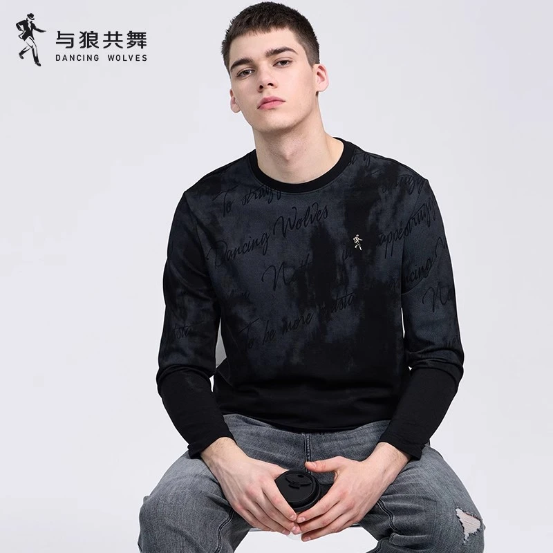【渐变扎染】与狼共舞圆领长袖T恤男士2025秋季新款时尚印花打底衫