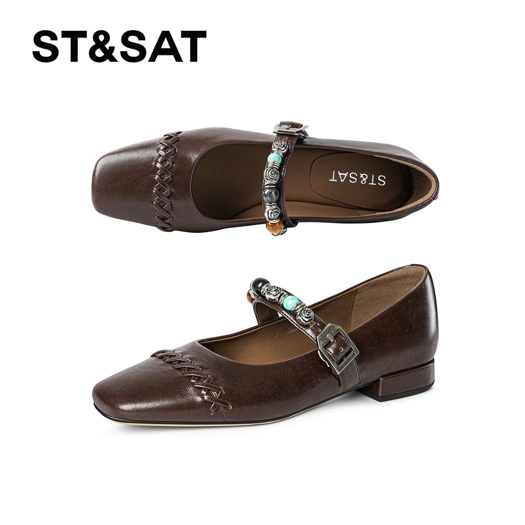 St&Sat/星期六浅口单鞋休闲时尚复古轻职风皮鞋编织方头玛丽珍鞋