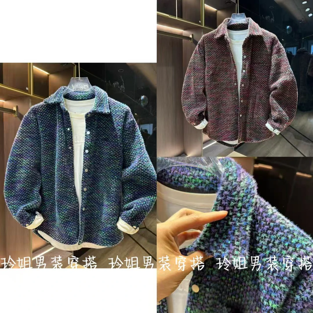 春季新款小香风翻领编织格子外套男韩版宽松情侣休闲燕尾衬衫男潮