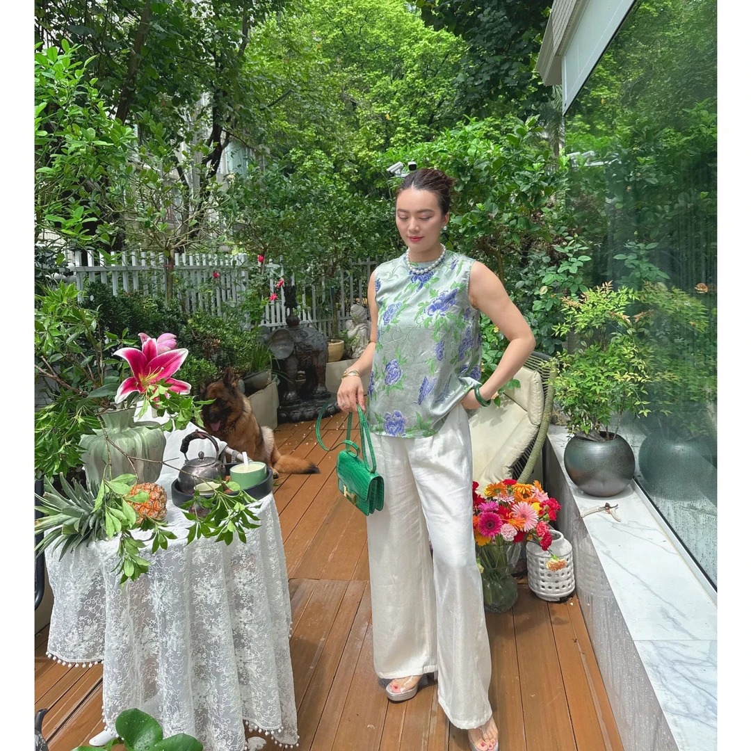 网红印花新款新中式时尚无袖上衣+极简显瘦白色裤子