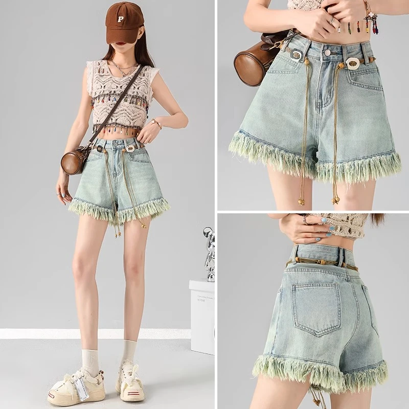 高腰a字牛仔短裤女夏季2025年新款爆款民族风设计感流苏阔腿短裤