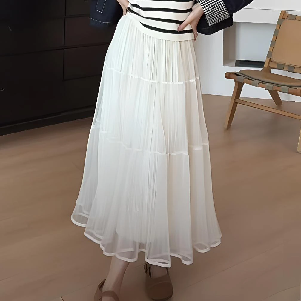 【YHH】春款韩版气质时尚设计感显瘦网纱拼接半身长裙-YHQ50009