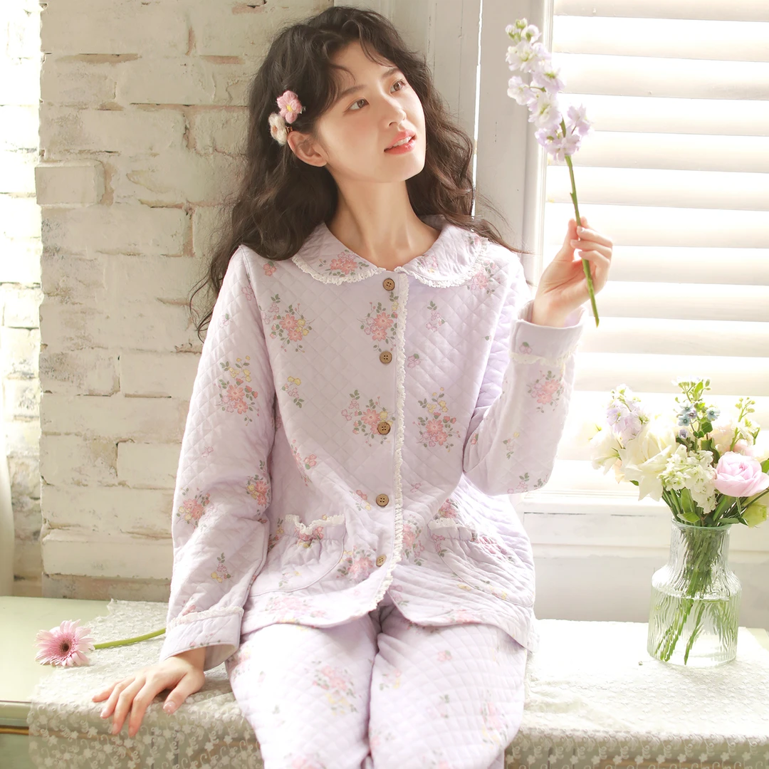 『眠岛』秋冬睡衣女纯棉加厚保暖夹棉空气层可外穿甜美家居服套装