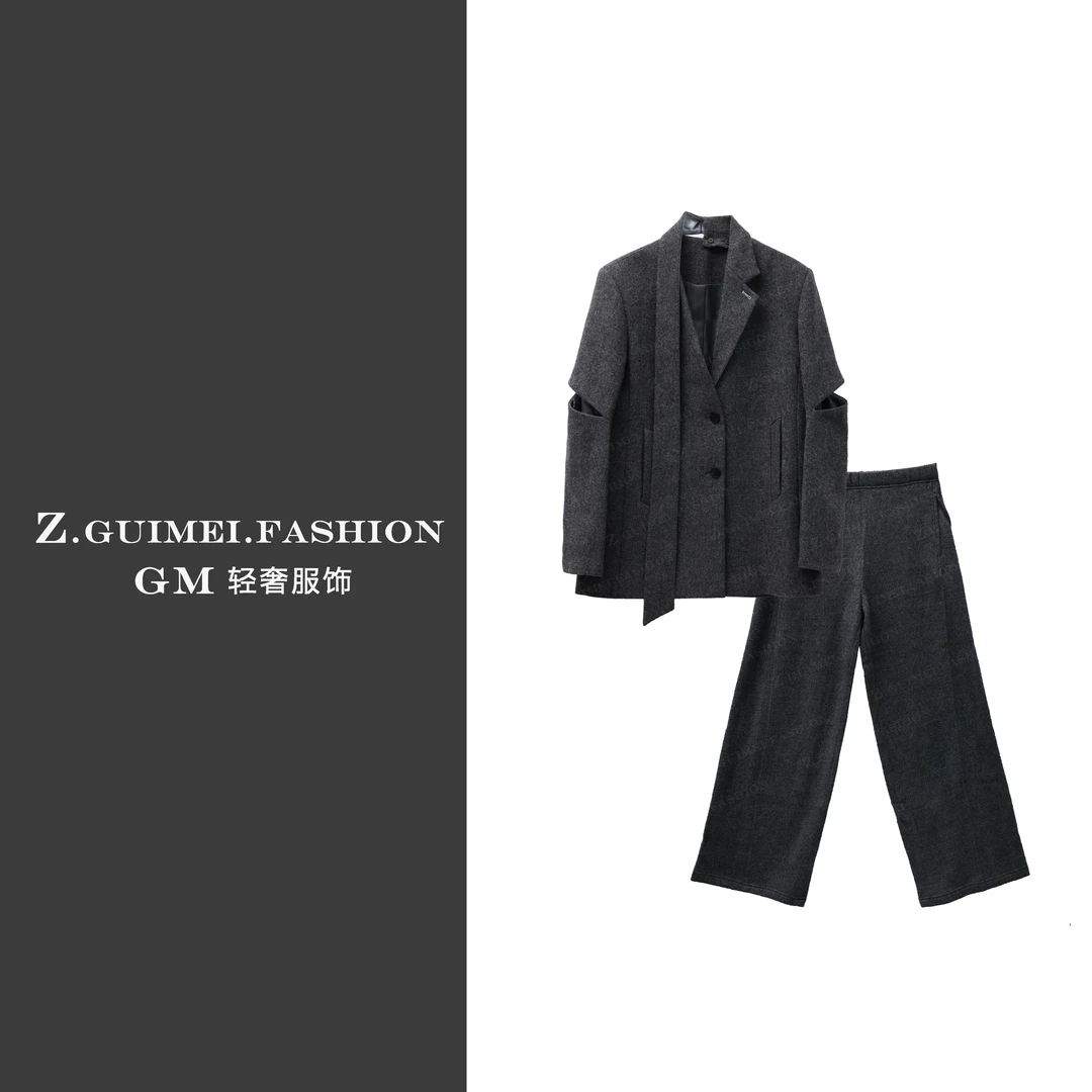 【肆姐高定】设计师款破袖毛呢弯刀裤套装XY3369