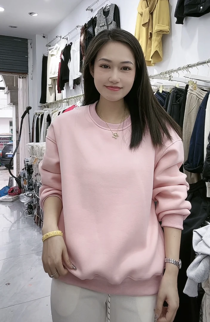 7575 韩版宽松百搭圆领加绒加厚简约纯色卫衣休闲绒衫