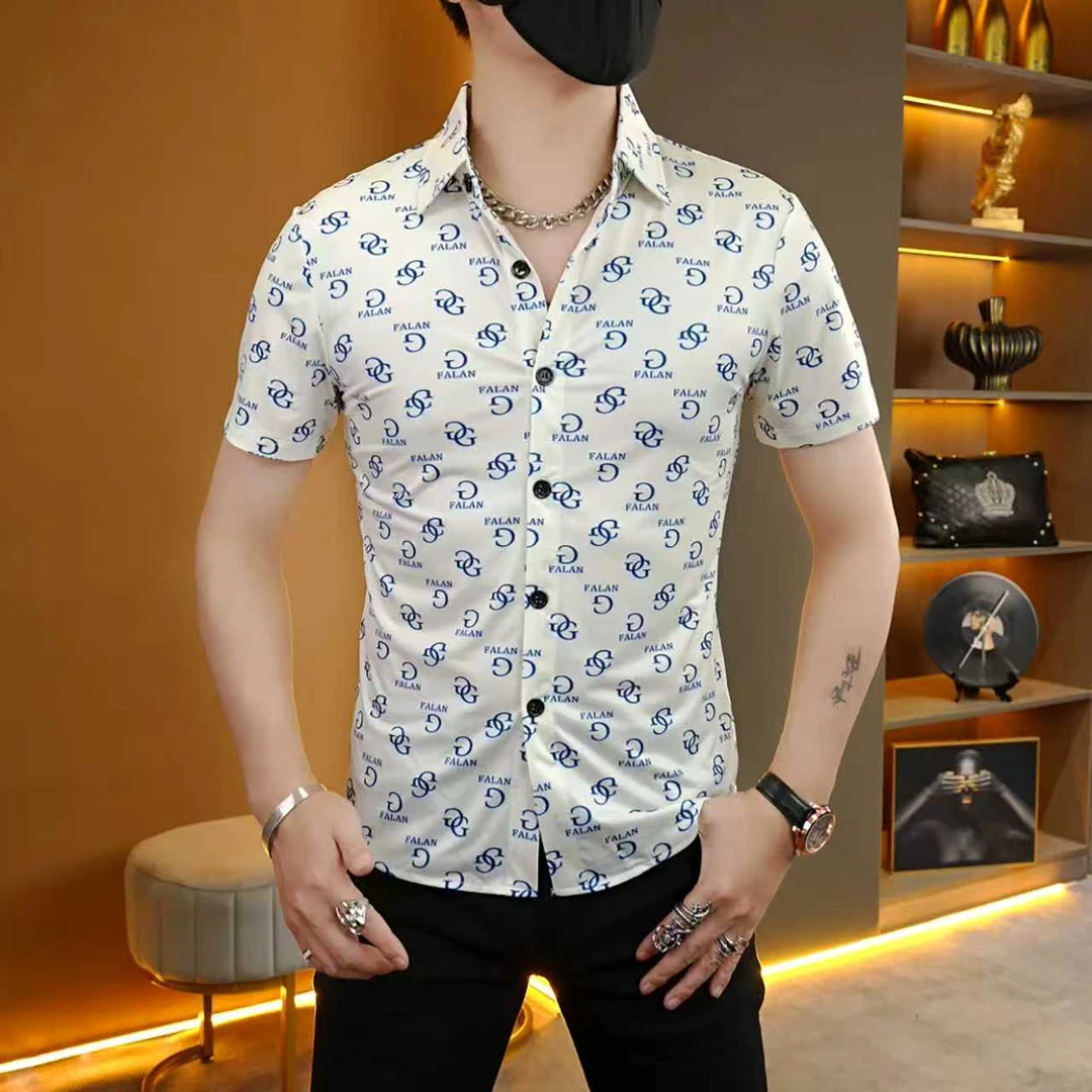 夏季欧若风轻奢潮流品质时尚网红个性男士印花百搭半拉链翻领短袖
