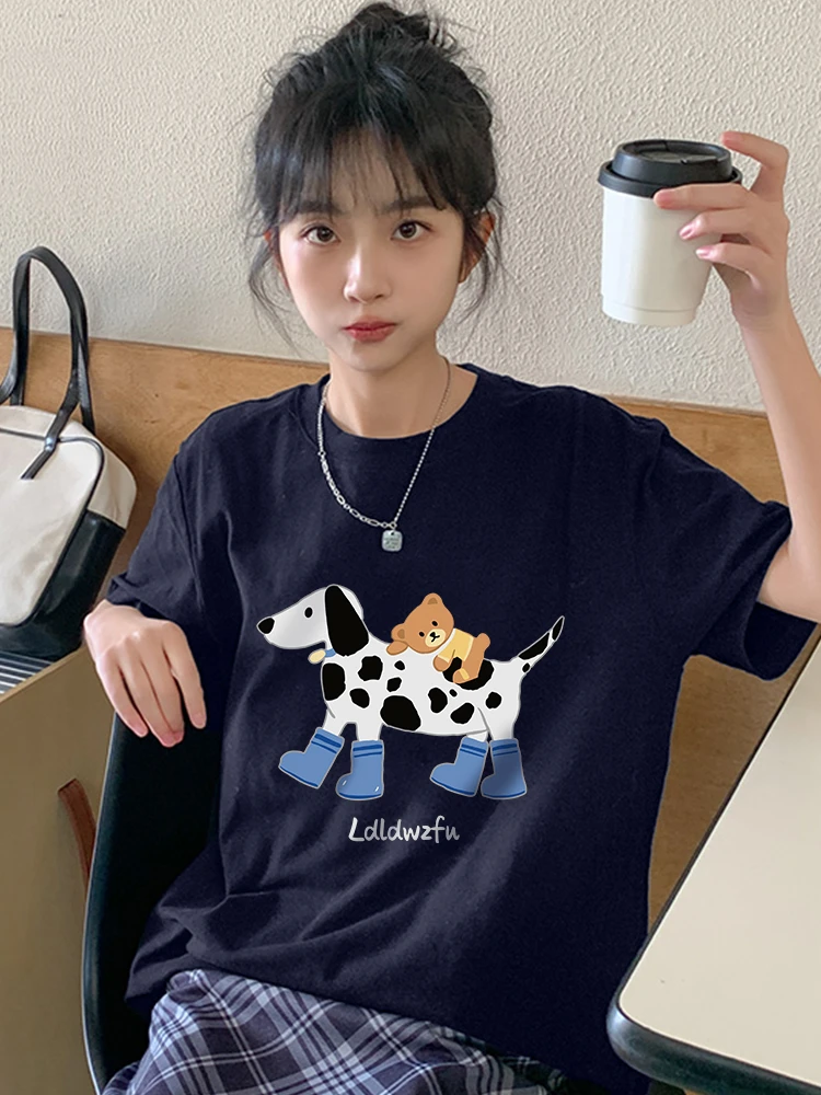 美式复古斑点狗印花短袖2025夏季新款女潮流宽松半袖T恤韩版男女