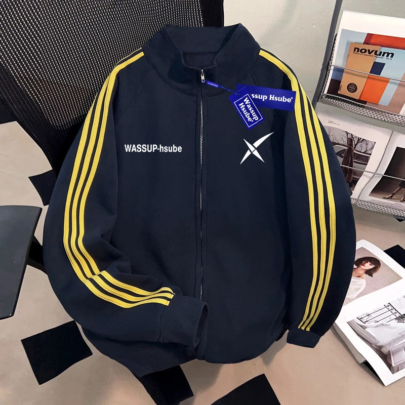 WASSUP HSUBE美式潮牌立领开衫三条杠卫衣重磅潮酷上衣棒球外套潮