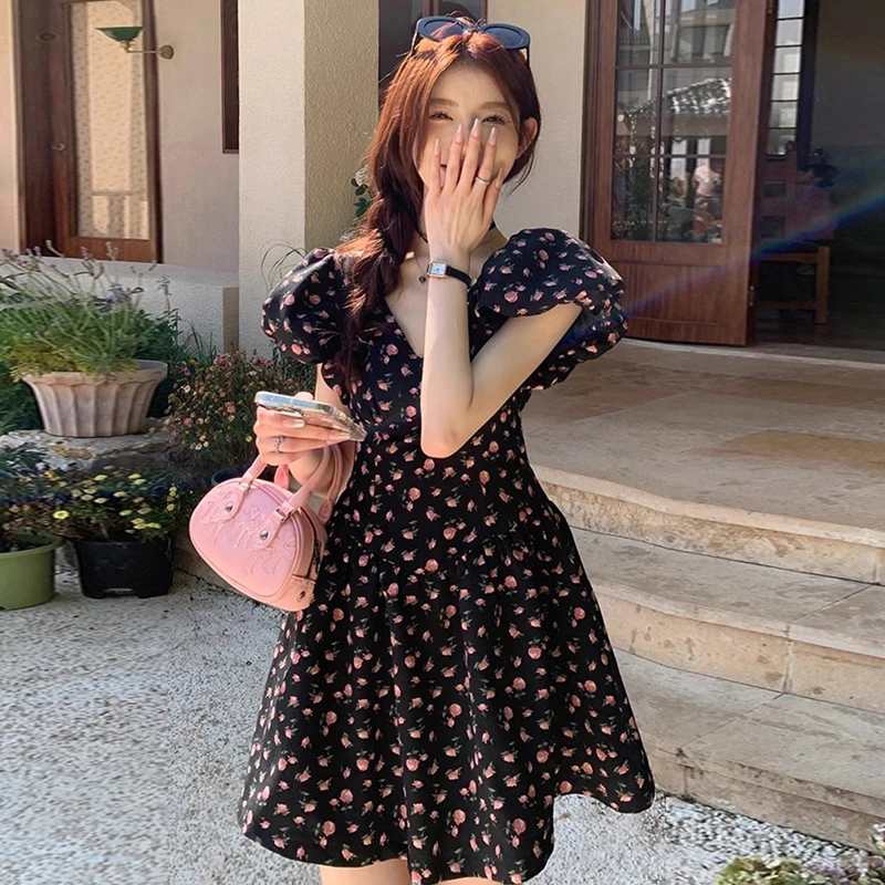 【XH】法式复古桔梗碎花连衣裙2025夏季新款蝴蝶结收腰a字裙子D1086