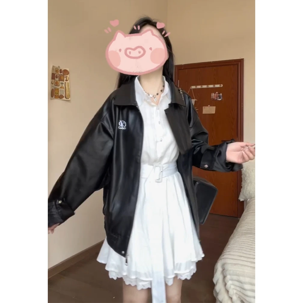 时尚潮流翻领pu皮衣夹克外套女2025秋季新款美式复古宽松机车上衣