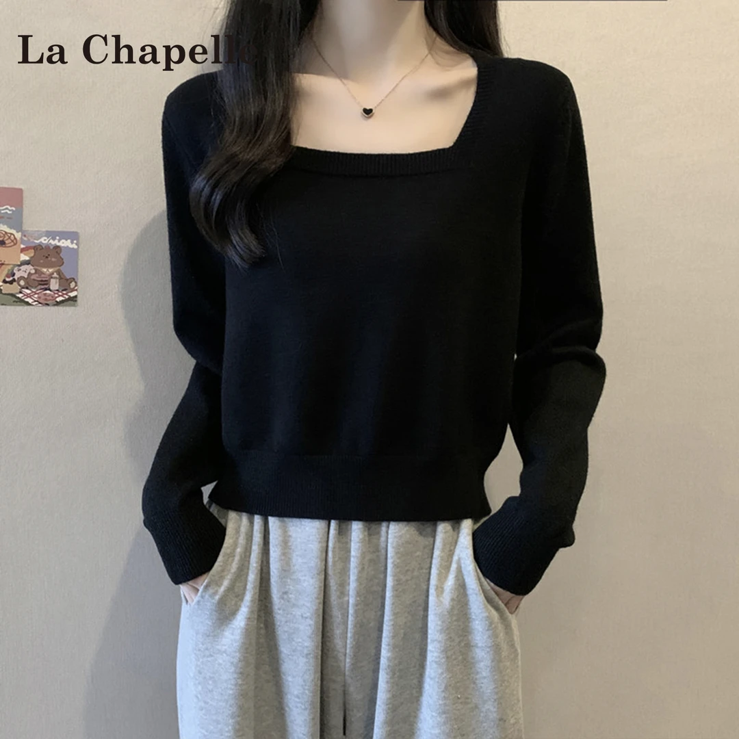 拉夏贝尔韩版黑色小方领针织衫女秋季2025新款宽松小个子气质上衣