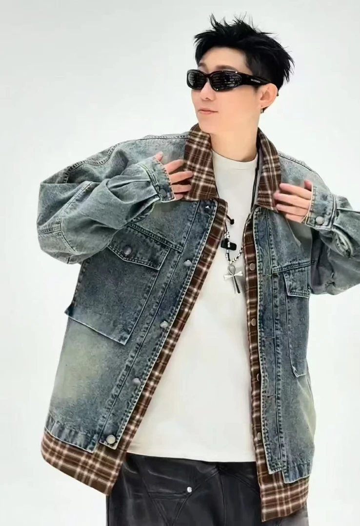 9585/B0春季假两件牛仔外套潮流痞帅拼接翻领夹克休闲工装上衣