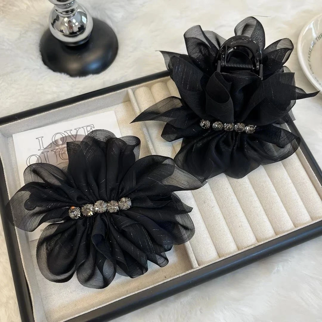 气质水钻香蕉夹韩国头饰马尾夹黑色网纱褶皱蝴蝶结后脑勺夹子2710