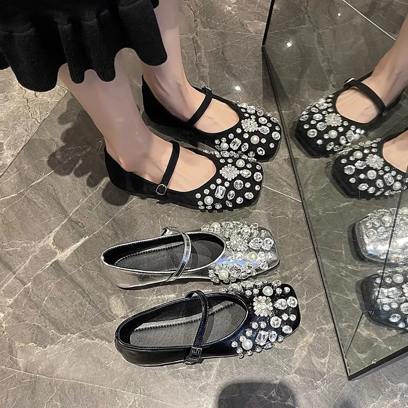 107 法式仙女风银色亮钻玛丽珍鞋女新款配裙子平底一字单鞋