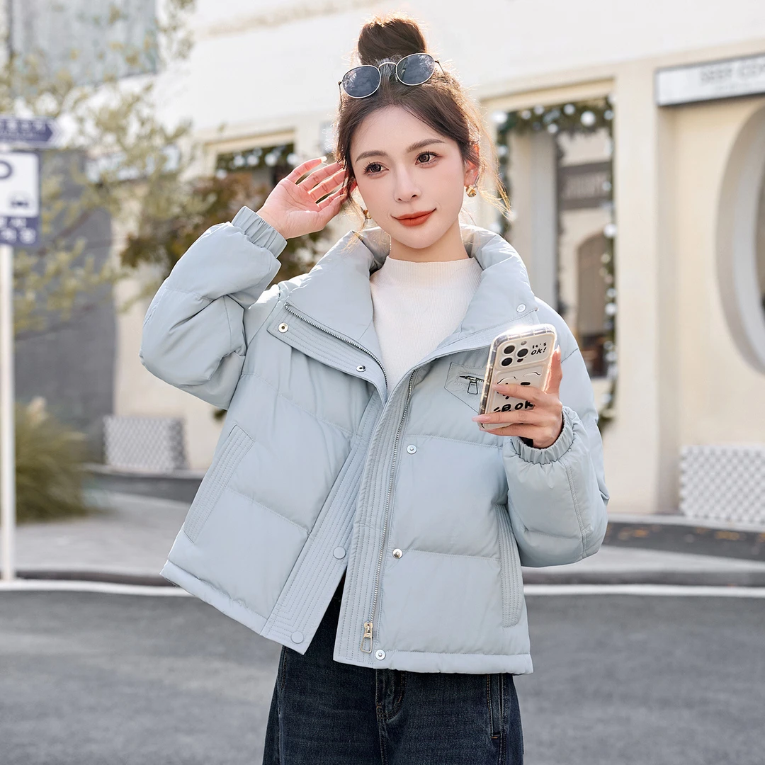 2025冬季外套夹克面包服白鸭绒小个子立领pu皮衣羽绒服女YB8993