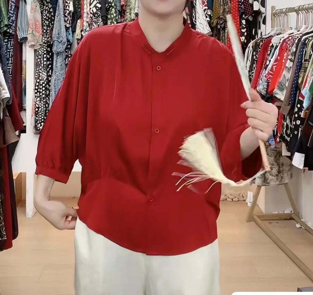 婷婷专享2025年新款上新夏季新款纯色设计感立领上衣衬衫女30013