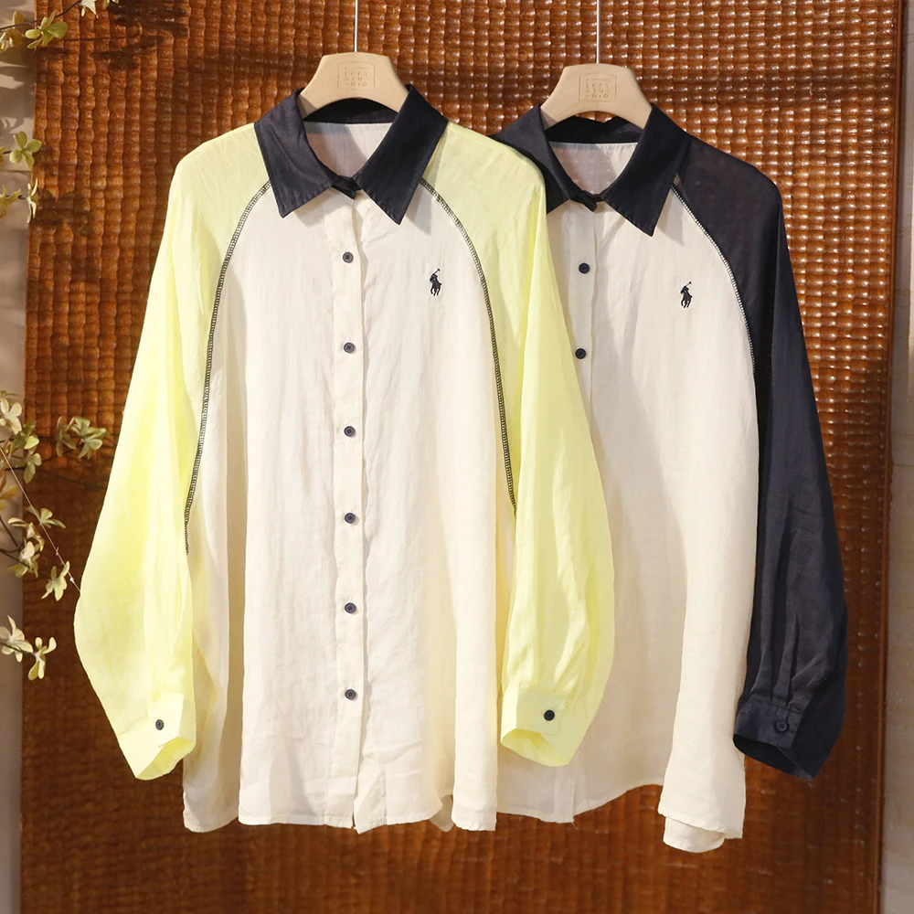 拼色刺绣苎麻防晒衬衫 宽松薄开衫上衣 25114【胸围136 衣长75】