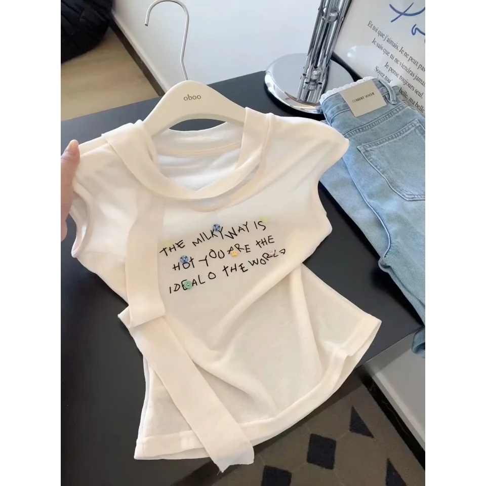 韩系字母印花正肩短袖T恤女2025夏新款纯欲风设计感小众别致上衣