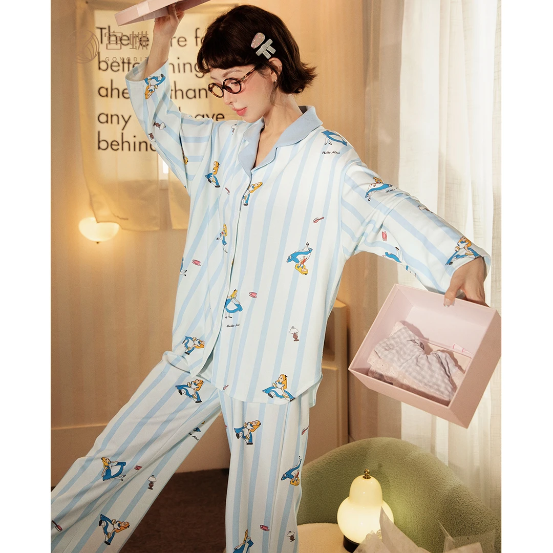宫蝶【轻柔软】迪士尼爱丽丝睡衣女春秋款纯棉长袖条纹家居服套装