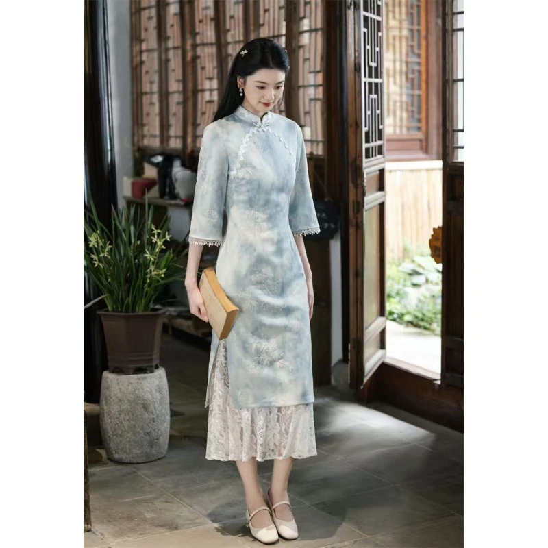 寻梅 春秋新款提花蕾丝奥黛旗袍裙国风复古显瘦，A102864