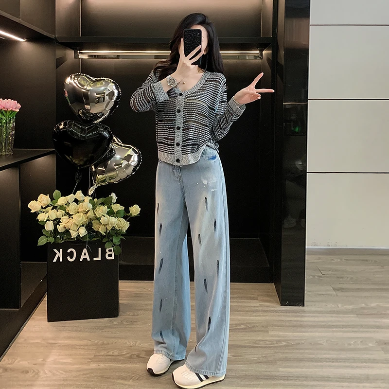 网红炸街秋冬新款洋气针织开衫上衣高腰复古牛仔长裤时尚套装女