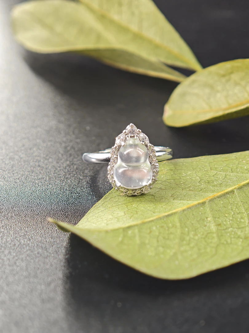 天然石英质玉合金镶嵌锆石葫芦活口可调节戒指（福禄）