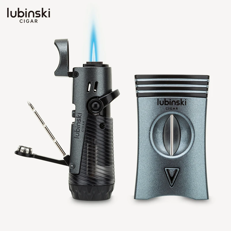 Lubinski金属雪茄剪刀V型剪配直冲雪茄打火机烟托开孔器套装礼盒