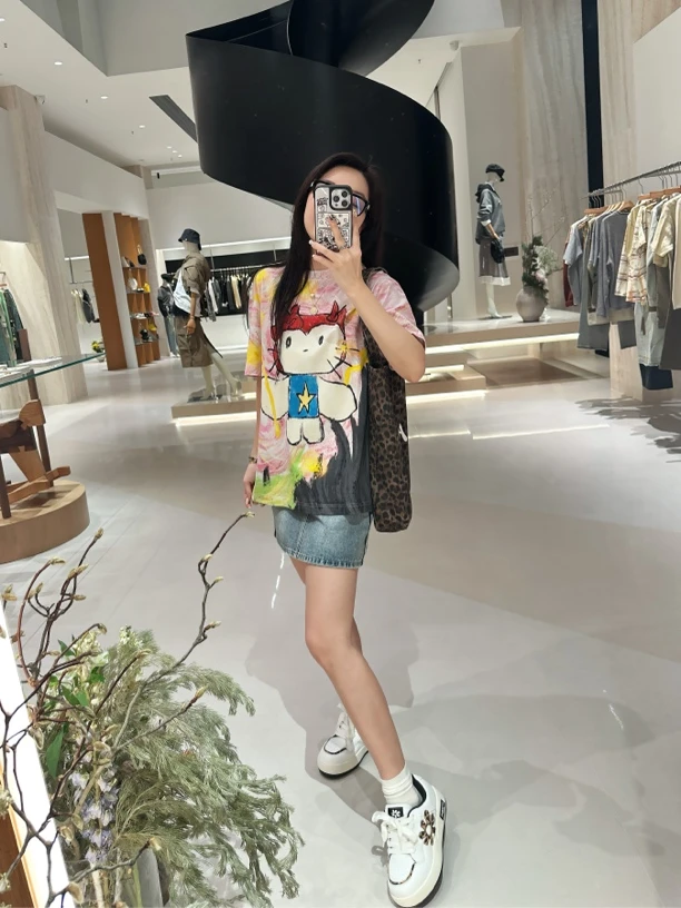 Fordare福蝶 设计师品牌 小众新款 趣味手绘恶搞星空KITTY满印T恤